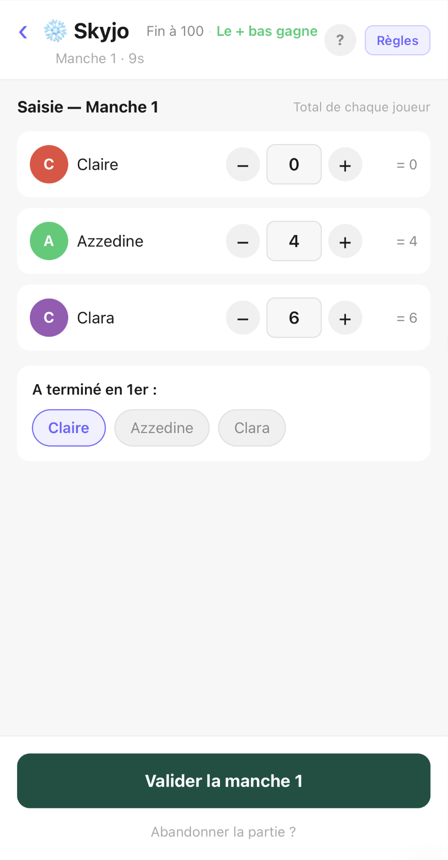 Partie en cours — saisie des scores